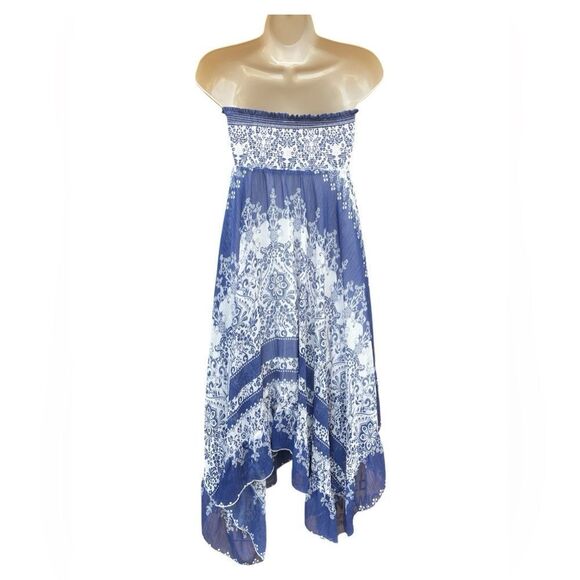 Lapis Skirt Womens M Blue White Boho Print Asymmetric Hem Fairy Y2K Hippie - Picture 3 of 5